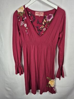 Johnny Was Women's Magenta Floral Embroidered V-Neck Tunic Dress Size L
